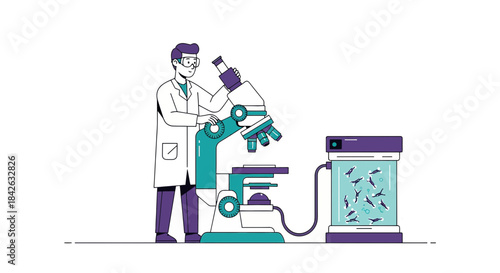Scientist examining aquatic life through microscope in laboratory research environment