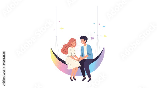 Celestial Embrace: A loving couple holds hands while gently swaying on a crescent moon, a shared moment of romance and togetherness amid a dreamy starry night.
