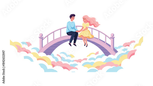 Couple on a Cloud Bridge: A loving couple, hand in hand, shares a tender moment while seated on a whimsical bridge, suspended amidst soft, fluffy clouds.