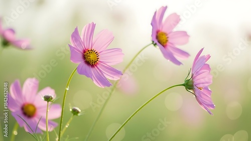 Fototapeta Naklejka Na Ścianę i Meble -  Delicate pink cosmos flowers blooming in a softly lit summer garden
