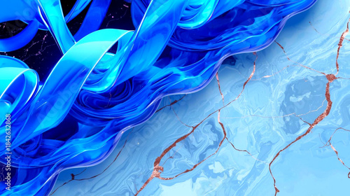 Vibrant blue waves on a textured marble surface with copper veins