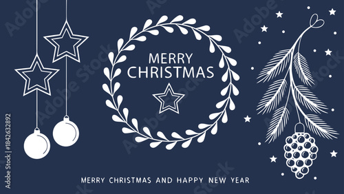 Set of three card Merry Christmas and Happy New Year. Christmas vector card designs using tree, silver glass balls, stars, sequins and elegant lettering a deep blue gradient background. 