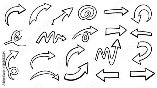 Collection of Hand Drawn Doodle Arrows and Symbols on White Background