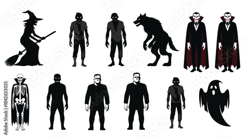 Diverse Halloween Monsters and Characters Silhouettes Collection for Spooky Design