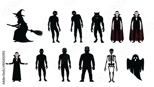 Collection of Halloween Monster Silhouettes Including Witch, Vampire, Zombie, Werewolf, and Ghost