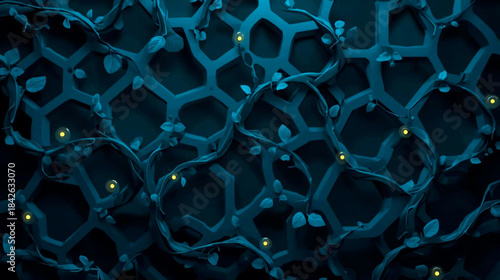 Blue honeycomb pattern with glowing yellow dots on dark background