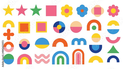 Vibrant Abstract Geometric Shapes Collection with Playful Colors and Forms