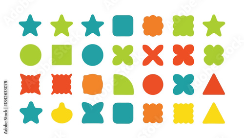 Collection of colorful geometric shapes and icons on white background, graphic design