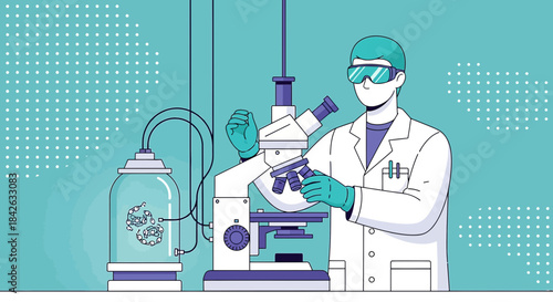 Scientist in a lab coat examining a sample under a microscope for innovative research and