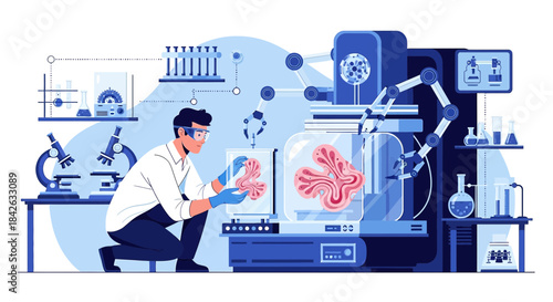 Scientist in a advanced laboratory studying cells with robotic assistance and equipment