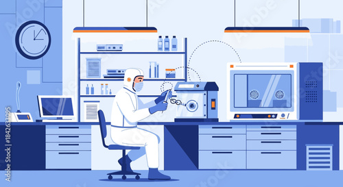 Scientist in clean suit performing research, ensuring sterile conditions in a modern laboratory