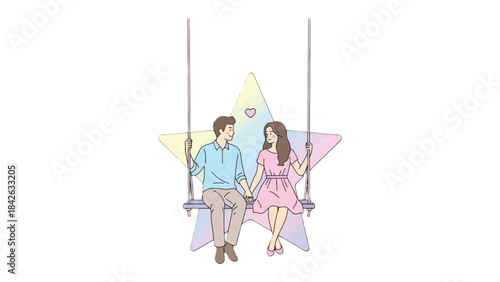 Starry-Eyed Romance: A couple on a swing embraces the magic of love, their hearts connected beneath the soft glow of a star, capturing the tenderness of a perfect moment.