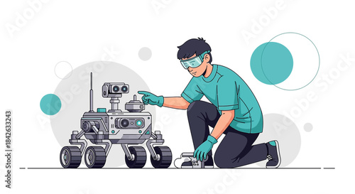 Scientist operating a sophisticated exploration rover for space research and planetary studies