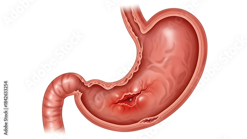 Detailed illustration of a human stomach displaying a bleeding peptic ulcer within its internal lining