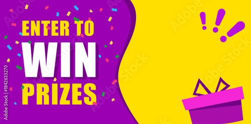 Enter to win prizes. vertical banner. white gift box on orange violet background and exclamation marks. Fireworks or confetti around. Cartoon origami style vector illustration.