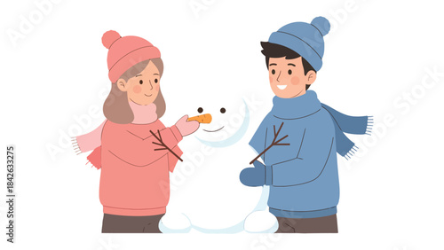 Snowman's Joy: Two children, bundled in warm winter attire, collaborate to bring a snowman to life with joyful expressions.