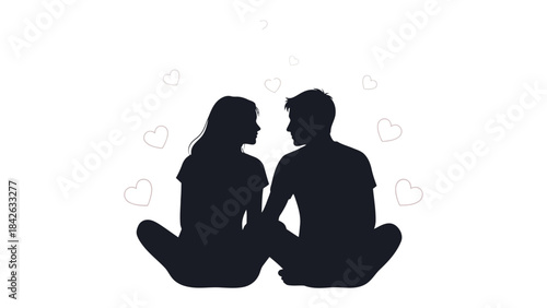 Eternal Connection: A silhouette of a couple in a moment of tender intimacy. The heart symbols floating above them accentuate the profound affection and bond between them.