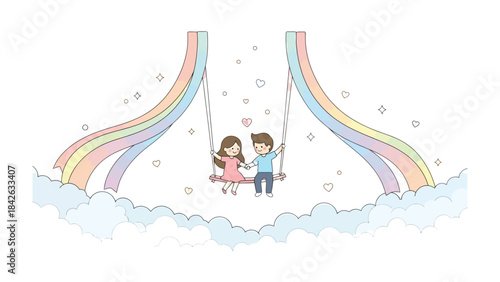Romantic Serenity: A tender couple on a swing, bathed in the soft glow of a rainbow, a serene depiction of affection and connection. 