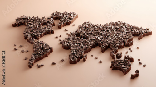 World map crafted from dark chocolate chips pieces on neutral background. Detailed world map constructed entirely from chocolate elements, showcasing continents islands with scattered chocolate chips