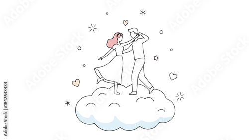 Dancing on Cloud Nine: A romantic couple gracefully dances atop a fluffy cloud. It's a whimsical representation of love and togetherness. 
