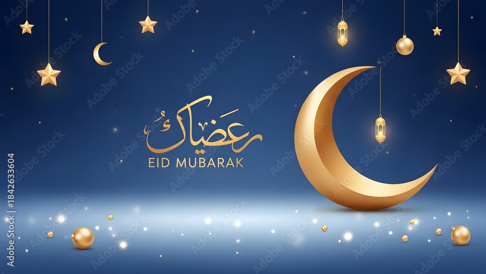 Naklejka premium A minimalist Eid Mubarak design with golden crescent moon, calligraphy, and soft glowing ornaments