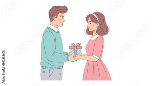 Gift Exchange: A tender moment unfolds as a man and woman engage in a shared gesture of giving, symbolized by an exquisite gift box and an aura of mutual connection.