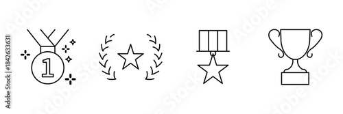 Award champion icon set, sparkling number one medal, laurel star badge, hanging star medal, classic trophy cup outline vector illustration.