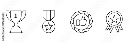 Award trophy icon set, first place cup, star medal, thumbs up badge, prize ribbon rosette outline achievement vector illustration.
