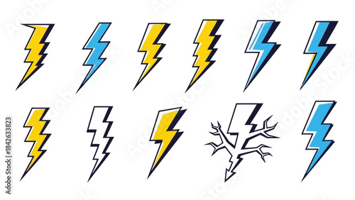 Collection of Dynamic Lightning Bolt Illustrations in Various Colors and Styles