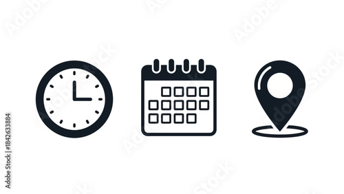 Set of Vector Icons Representing Time, Calendar Date, and Location Pin for Navigation and Planning