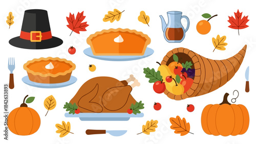 Thanksgiving Feast Flat Vector Illustration with Turkey, Pies, Pumpkin, and Cornucopia