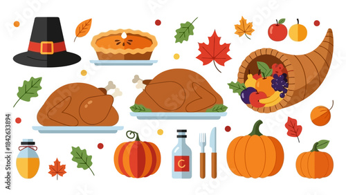 Thanksgiving Feast Flat Vector Illustration: Turkey, Pie, Pumpkin, Cornucopia & Autumn Leaves