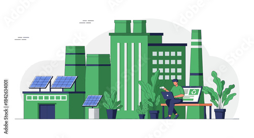 Sustainable industrial complex with solar panels and worker managing energy efficiently