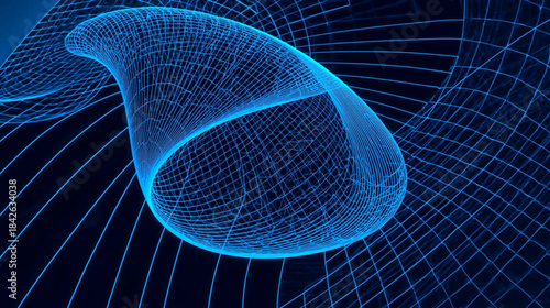 A blue wireframe mesh object on a dark background with grid lines, representing a 3d model or digital rendering concept