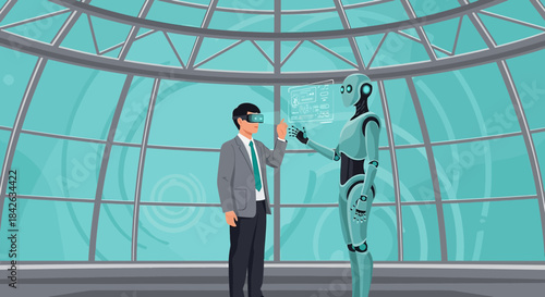 Virtual collaboration: Man with VR interacting with advanced robot in futuristic setting