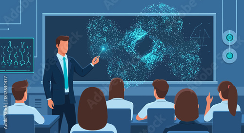 Vector illustration of a futuristic classroom with a teacher explaining complex scientific