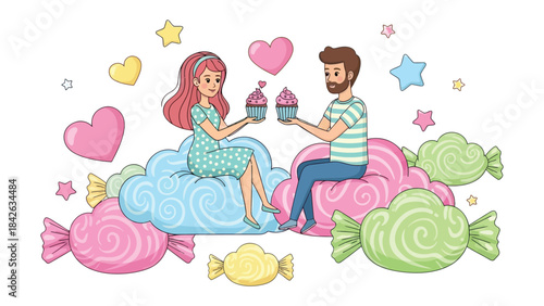 Sweethearts Sharing Cupcakes: Two loving figures, seated on fluffy clouds amidst candy and hearts, share cupcakes in a whimsical display of affection.