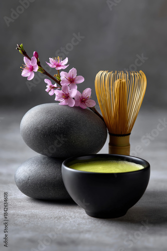 Enjoying matcha tea with stones and cherry blossom at a calm setting