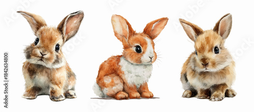 Cute bunny watercolor collection featuring Easter rabbits in cartoon style. Adorable baby animals, spring hares, and floral elements for kids' projects and seasonal decorations.