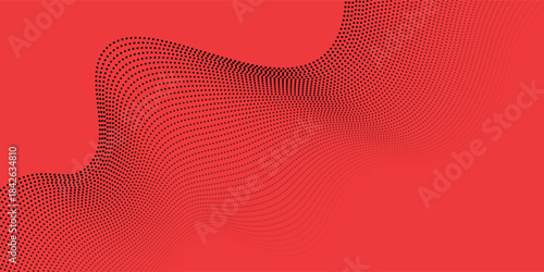 Polka dot red black halftone pattern. Gradient dots background. Modern vector illustration. Abstract curves. Points backdrop. Bright colors dotted spotted pattern