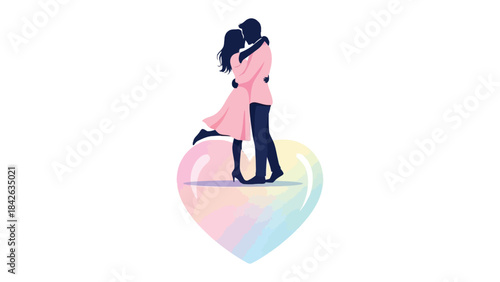 Enchanted Embrace: A tender moment captured as a couple shares a loving embrace. They are silhouetted against a backdrop of a heart-shaped design, symbolizing love and affection. 