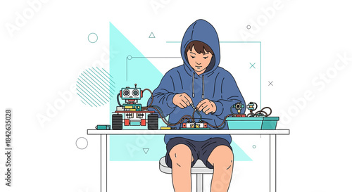 Young innovator building robot with circuits engaging science and technology learning experience