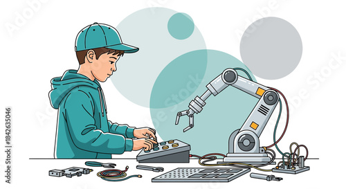Young innovator controls robotic arm: engaging STEM illustration showcasing technology exploration