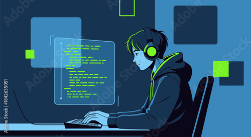 Young programmer coding at night on computer with futuristic interface design at his workplace