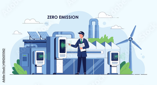 Zero emission factory inspection harnessing clean energy with wind turbine and solar panels on the