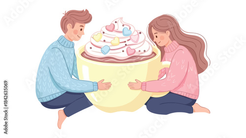 Sweet Embrace over Cocoa Delight: A couple shares an intimate moment, cradling a giant cocoa cup overflowing with whipped cream and sweet toppings, evoking warmth, comfort, and connection.