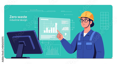 Zero-waste industrial design with woman engineer analyzing data on digital interface for optimized