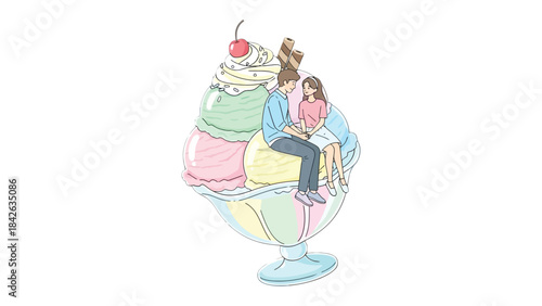 Sweet Embrace: A couple shares an intimate moment atop a whimsical ice cream sundae, symbolising the sweetness of love. A tender connection.