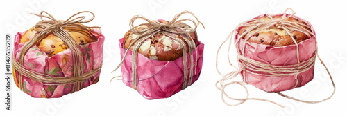 Italian panettone cake with decorative ribbon and threads. Watercolor festive sweet bread with raisins. Easter cake. Elements of traditional festive dessert for holiday decoration.