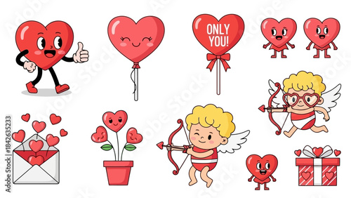 Cute Cartoon Hearts and Cupids Valentine's Day Characters Vector Set